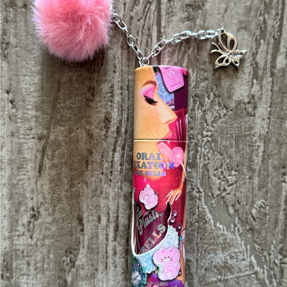 Pink and Red Lip Gloss with Pom Pom Charm